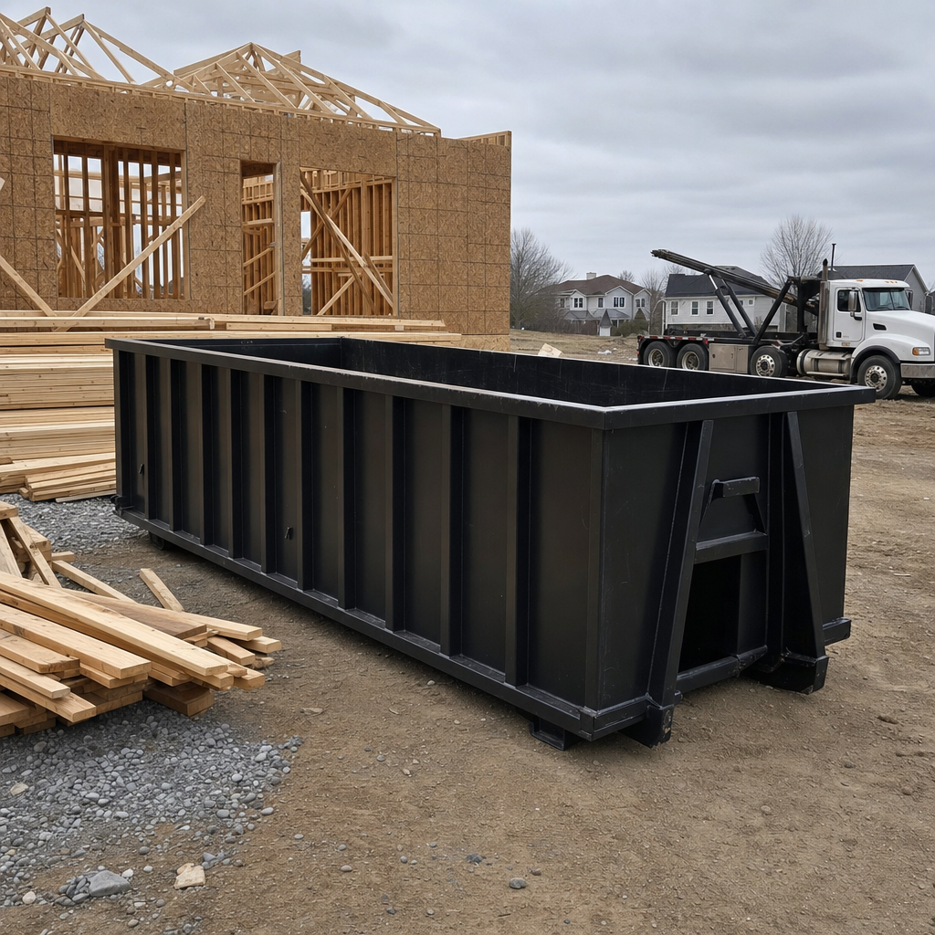 Matte-black 40-yard roll-off dumpster staged on a framed-out residential construction site in Ontario, framing lumber stacked nearby, hooklift delivery truck visible in the background under bright Colorado daylight