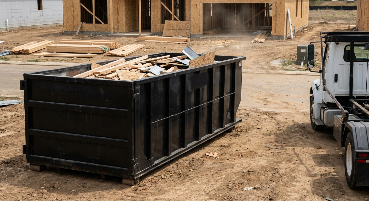 Matte-black 20-yard roll-off construction dumpster with heavy ribbed steel sidewalls and swing rear doors at a working jobsite in Ontario, sitting directly on compacted dirt with an unmarked white hauler partially visible at the far edge of the frame.