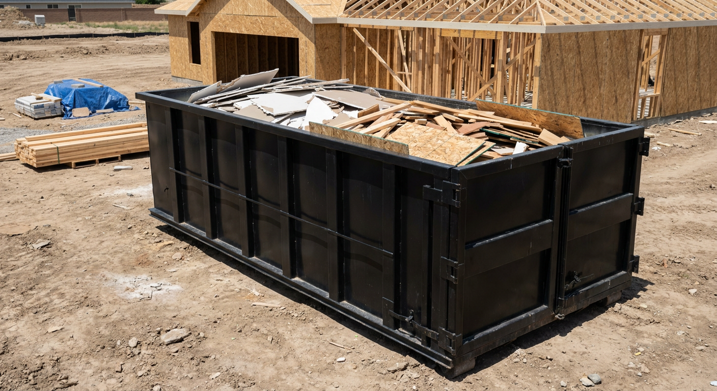 Matte-black 30-yard roll-off construction dumpster sitting directly on the compacted-dirt site of a framed single-family home build in Ontario, drywall and lumber scrap loaded inside.