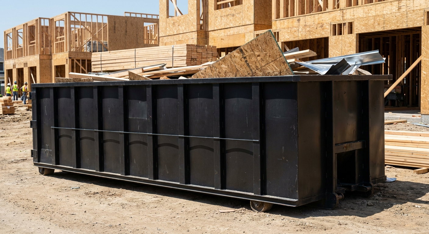 Matte-black 40-yard roll-off construction dumpster being lowered from a white-cab hooklift delivery truck onto the compacted-dirt jobsite at a commercial build site in Ontario
