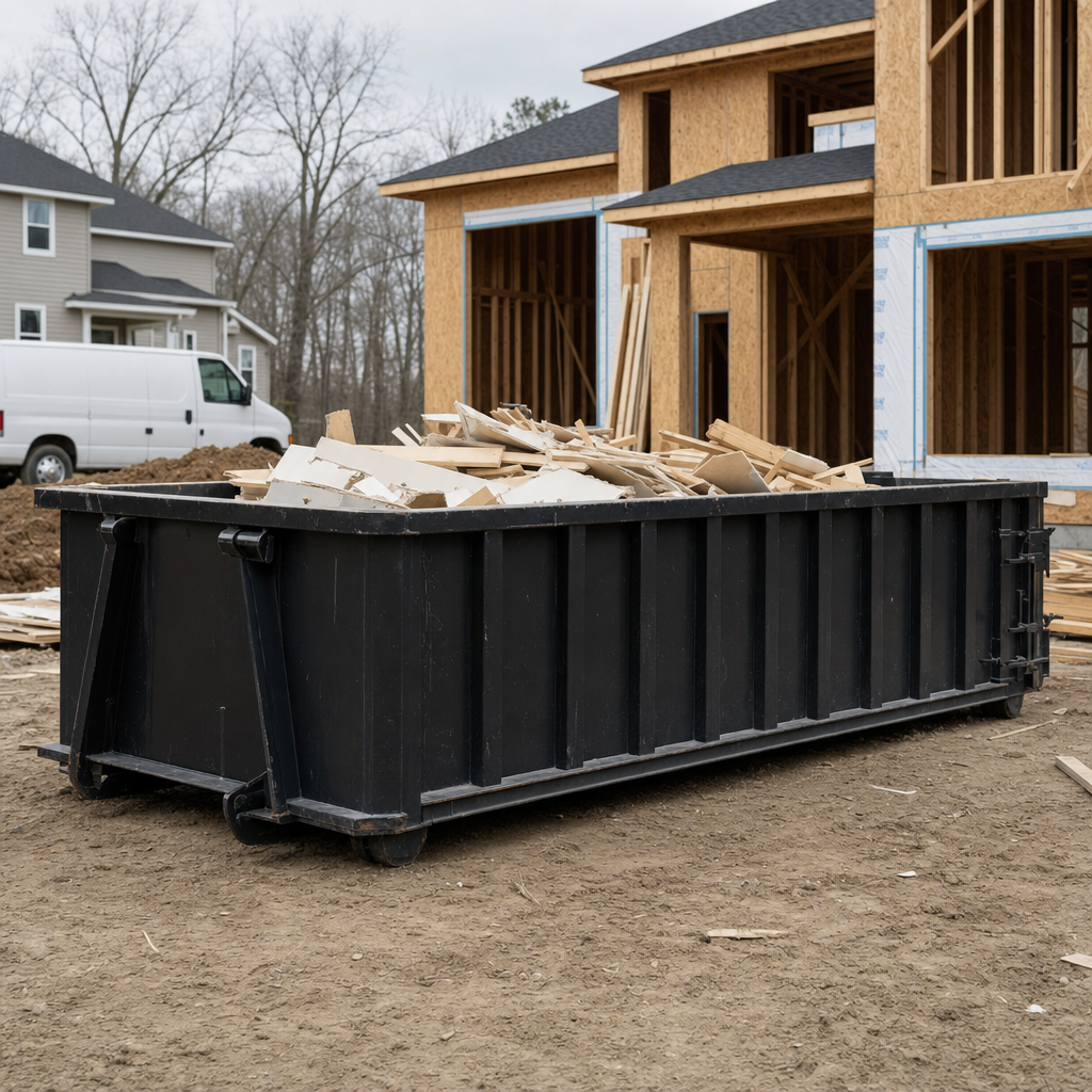 Worker in a yellow high-visibility vest tossing framing lumber and broken drywall into a matte-black 30-yard construction roll-off dumpster on an active build site in Ontario, bright daylight