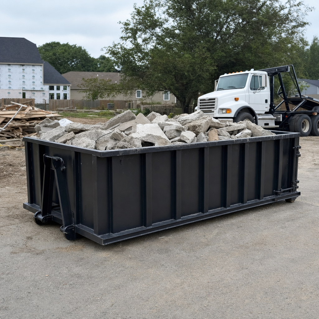 Low-profile matte-black lowboy roll-off dumpster loaded with broken concrete slab and rebar at a foundation tear-out in Ontario, skid steer parked beside it, sunny Colorado morning