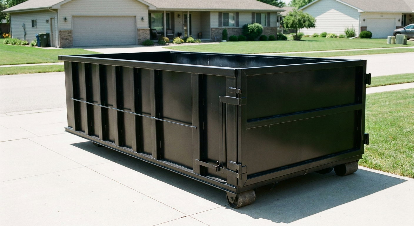 Matte-black 10-yard roll-off dumpster on a residential concrete driveway in Ontario, uniformly painted matte black across every panel and rail, ribbed steel sidewalls and rear swing door visible, mid-day daylight.
