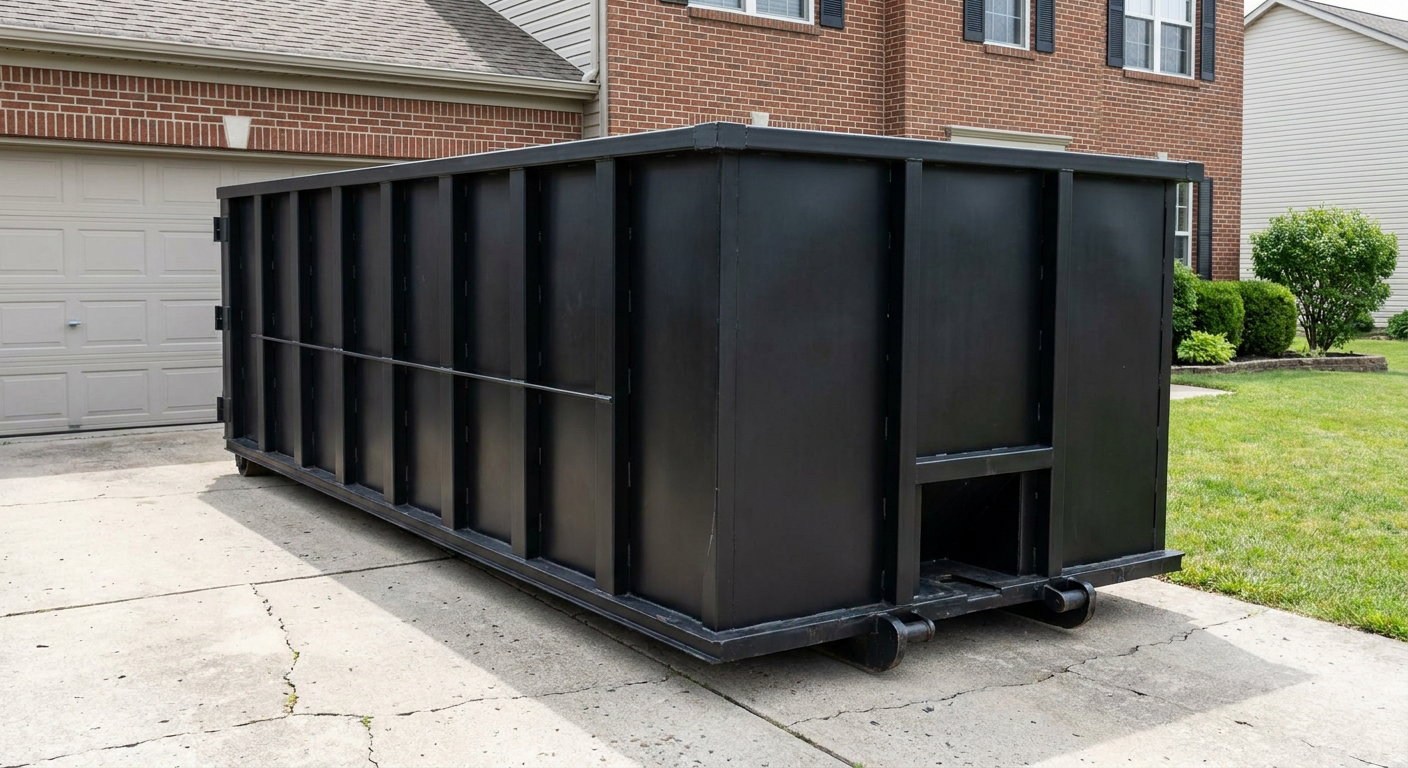 Matte-black 20-yard roll-off container on a Ontario residential concrete driveway with reinforced ribbed steel sidewalls and a hinged rear walk-in door, clean bright daylight.