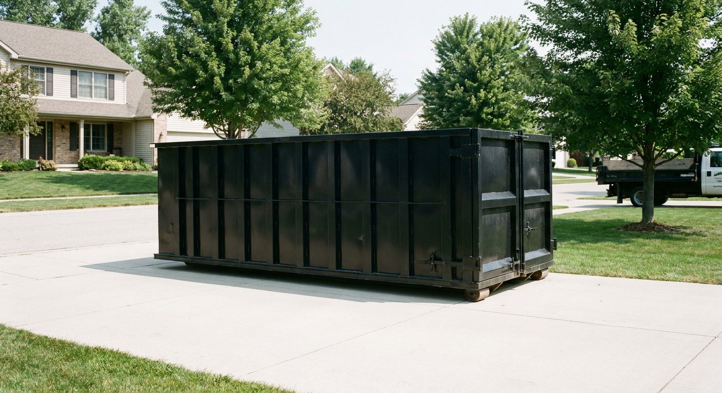 Matte-black 20-yard roll-off dumpster sitting level on a clean Ontario residential concrete driveway under bright daylight, demonstrating clean placement directly on the concrete.