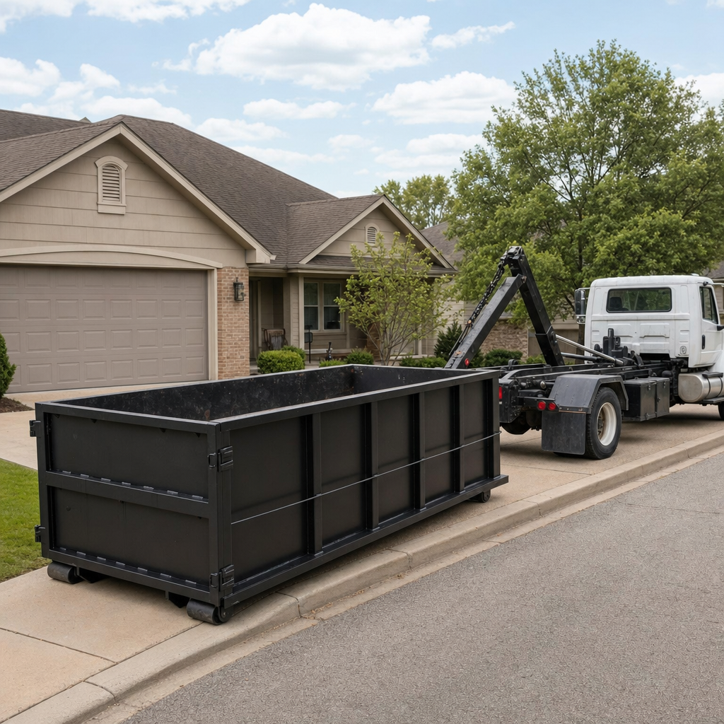 Wide documentary shot of a matte-black roll-off dumpster on a Ontario residential driveway in the foreground and a contractor jobsite container in the soft-focus background, bright daylight, calm and orderly composition.