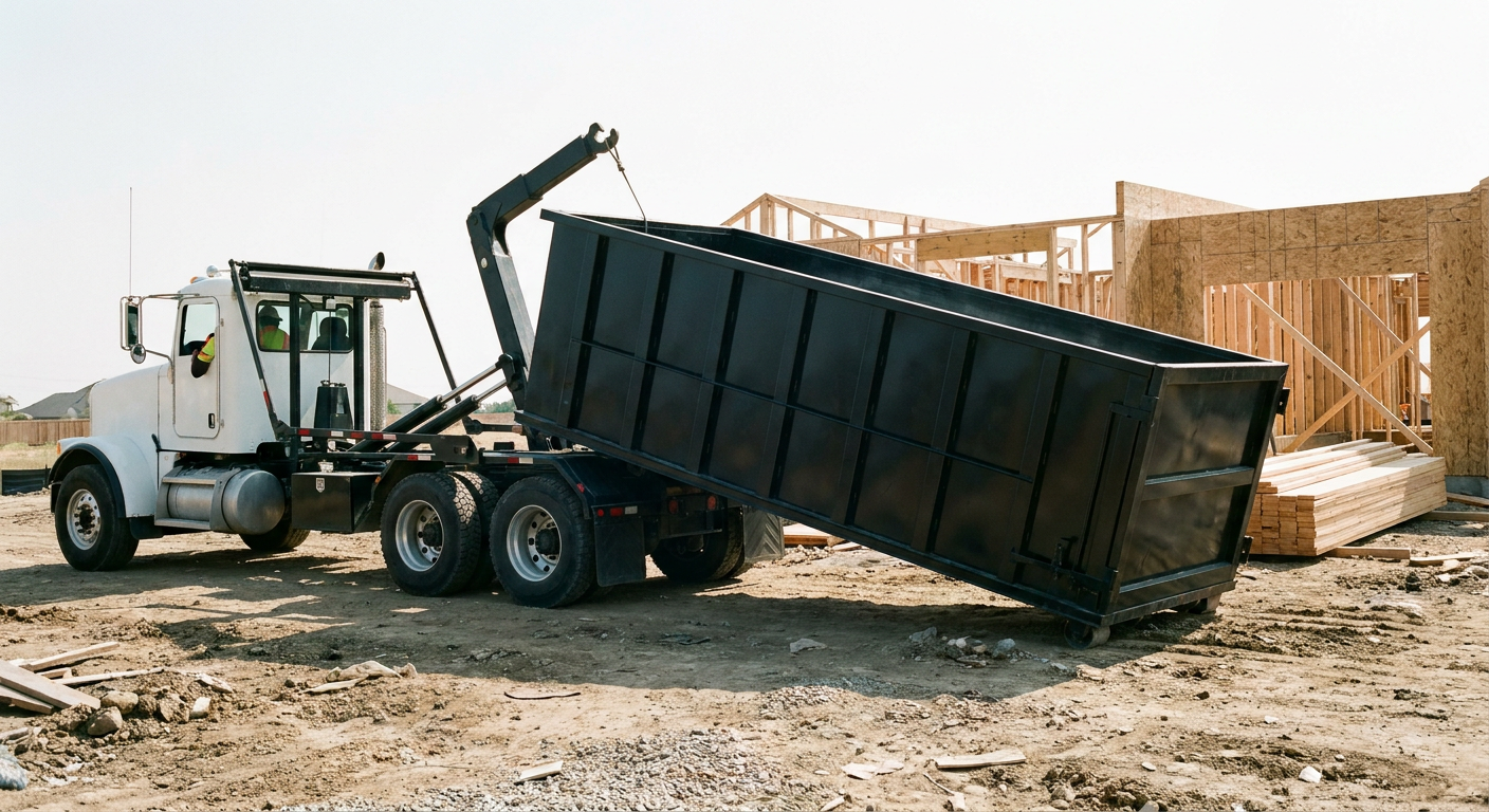 Matte-black roll-off dumpster being delivered onto a clean residential concrete driveway in Ontario by an unmarked white hooklift hauler truck, bright morning daylight, documentary 35mm perspective.