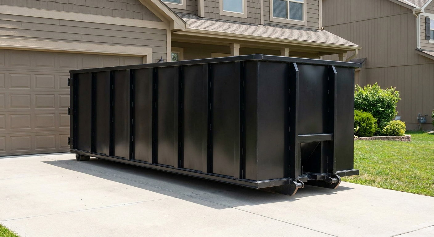 Matte-black residential roll-off dumpster sitting directly on a suburban Ontario concrete driveway, garage door closed, single-family home in background, bright morning daylight.