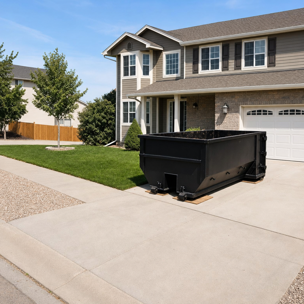 10-yard matte-black residential dumpster placed directly on a narrow Ontario concrete driveway, room remains for a parked sedan beside it, mid-morning natural light