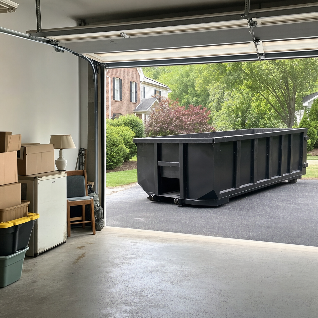 Open garage interior in a Ontario home mid-cleanout — boxed items, an old appliance, and stacked yard tools queued near the driveway for a matte-black roll-off dumpster, organized and calm