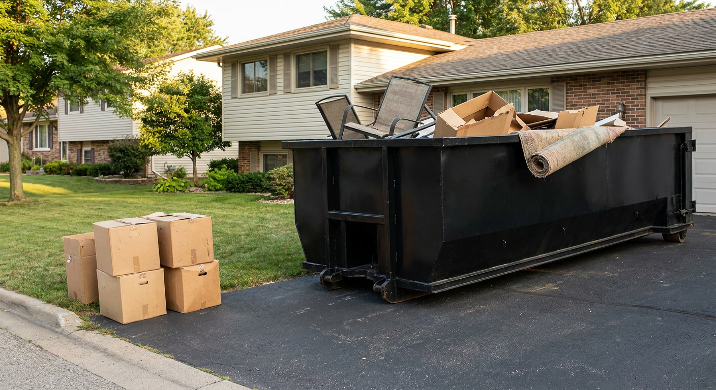 Front-yard view of a Ontario split-level home with a 20-yard matte-black roll-off dumpster sitting directly on the asphalt driveway, a few clearly labeled donation boxes staged at the curb, calm sunny afternoon.