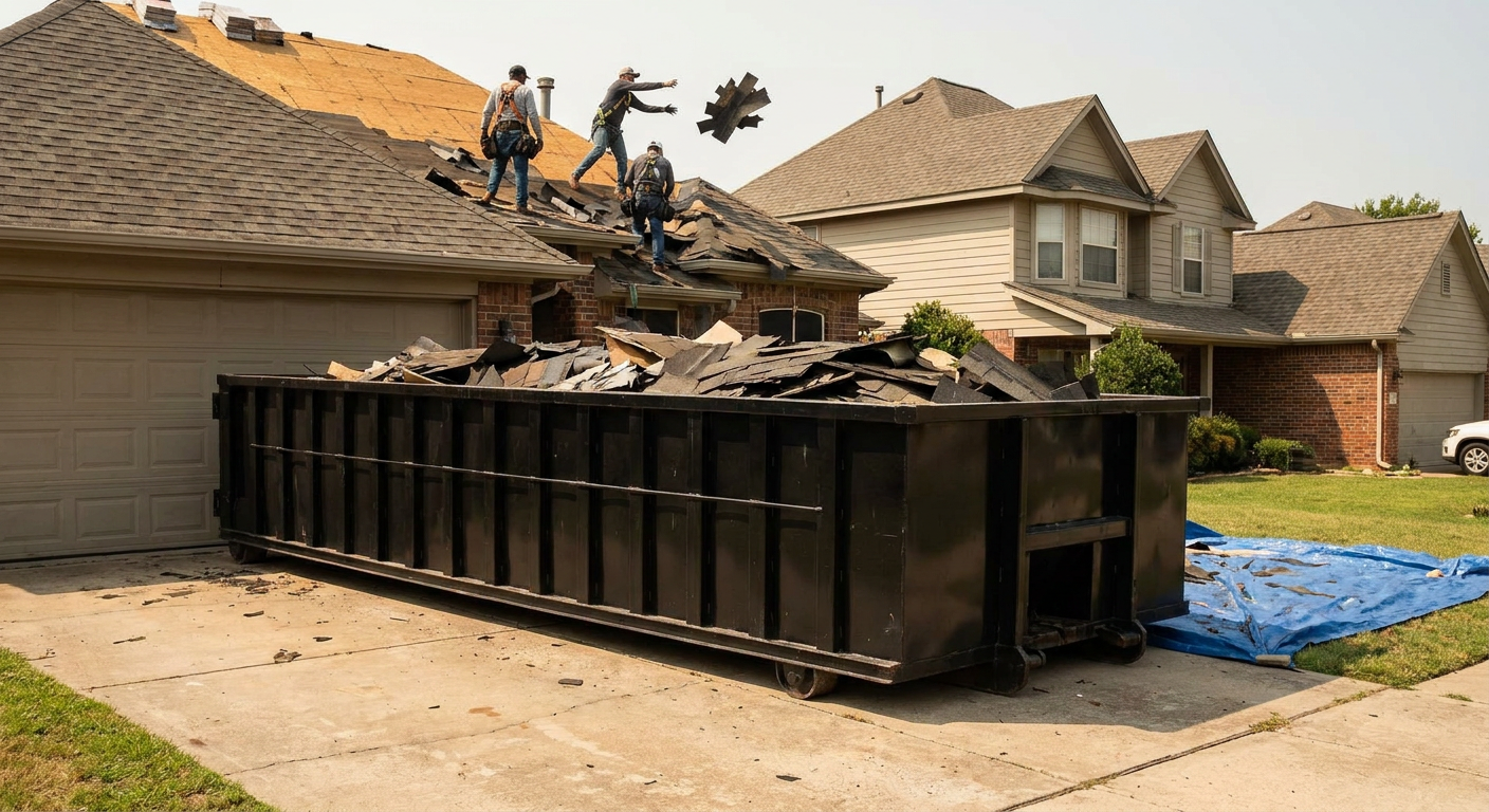 Matte-black roofing roll-off dumpster placed directly on a Ontario residential concrete driveway, a tear-off crew on a two-story asphalt-shingle roof tossing shingle bundles into the low-walled container, bright daylight, documentary 35mm perspective.