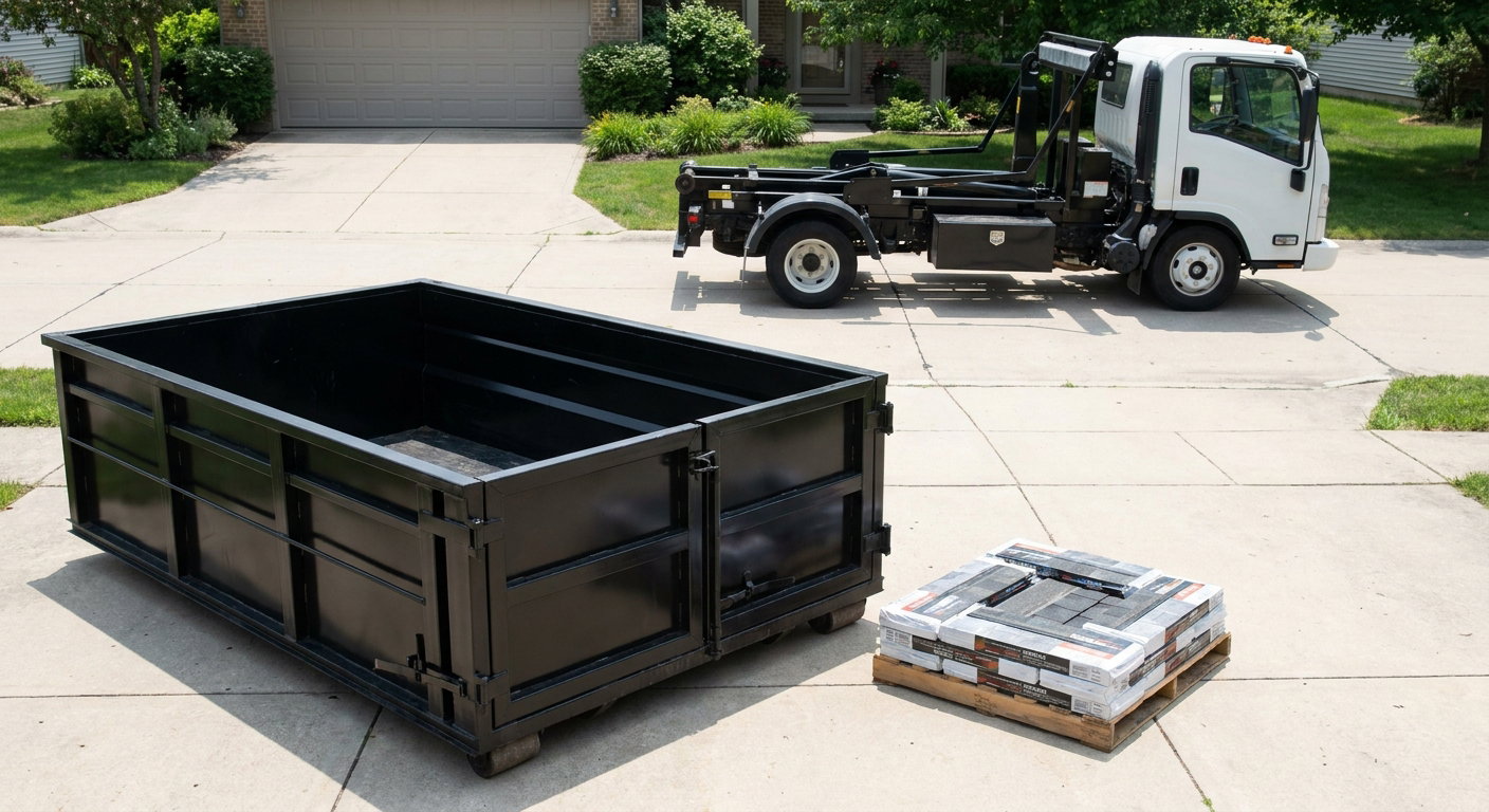 Matte-black 15-yard roofing roll-off dumpster with reinforced low side walls sitting directly on a Ontario residential concrete driveway, three-tab asphalt shingle bundles stacked nearby, an unmarked white hauler truck partially visible at the edge of the frame.