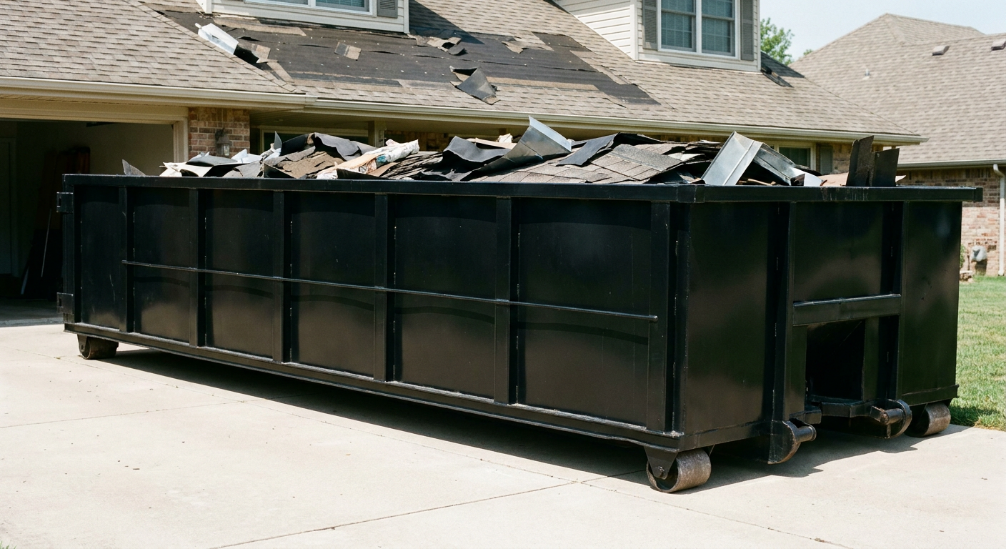 Matte-black 20-yard roofing roll-off dumpster with steel ribbed sides and swinging rear door, sitting directly on the concrete driveway of a two-story Ontario home, asphalt shingle debris being loaded over the low wall, clean documentary lighting.