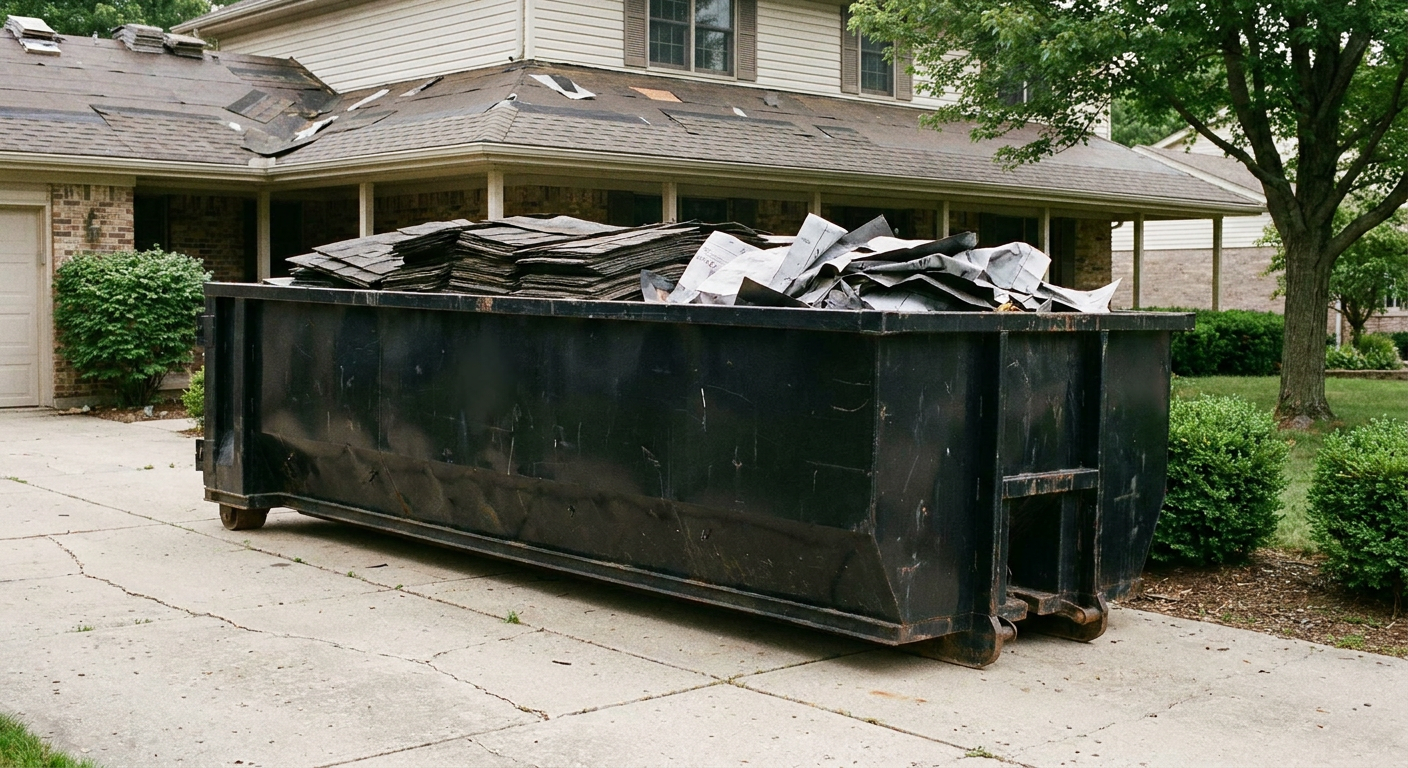 Matte-black 30-yard roofing roll-off dumpster sitting directly on a Ontario concrete driveway, taller ribbed steel side panels, mixed tear-off debris of asphalt shingles and underlayment inside, professional documentary daylight.