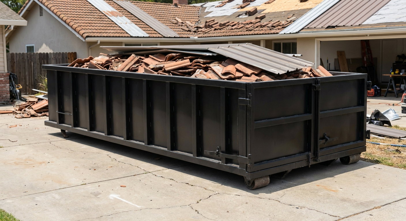 Matte-black low-wall heavy-debris roofing roll-off dumpster sitting directly on a Ontario concrete driveway, broken concrete clay roof tiles and metal panel sections loaded inside, reinforced ribbed steel side walls visible, bright outdoor daylight.
