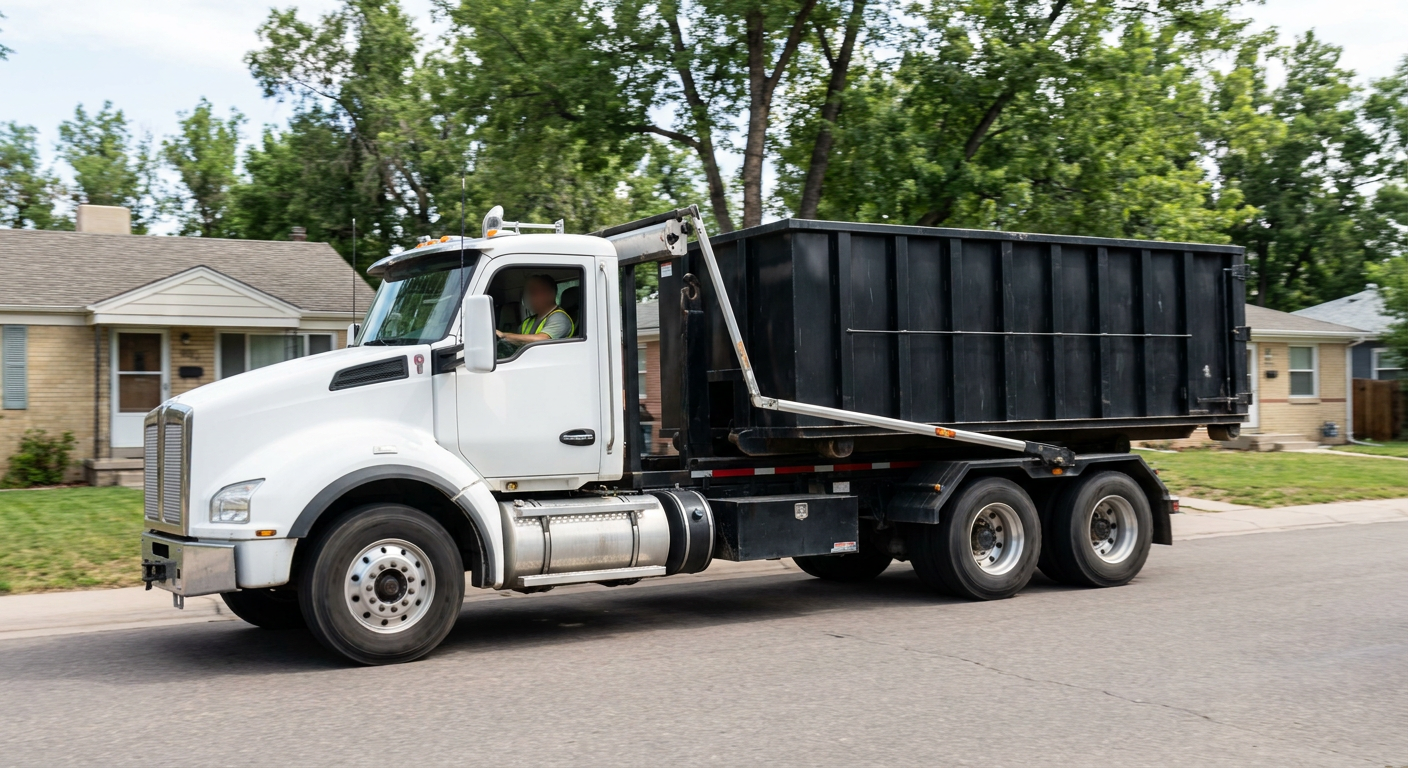 A wide documentary shot of a matte-black roll-off delivery truck pulling onto a quiet Ontario residential street at mid-morning, with neighborhood rooftops and tree-lined blocks visible behind, showing the metro coverage footprint.