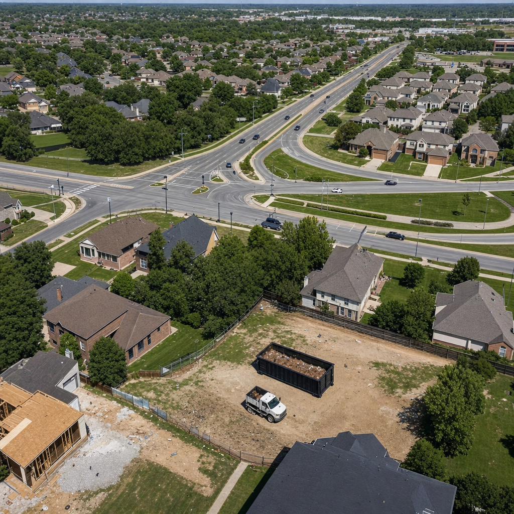 An overhead documentary view of the Ontario metro area at midday, showing the spread of neighborhoods, arterial roads, and the dispatch radius from a central yard — clean daylight, organized geographic layout.