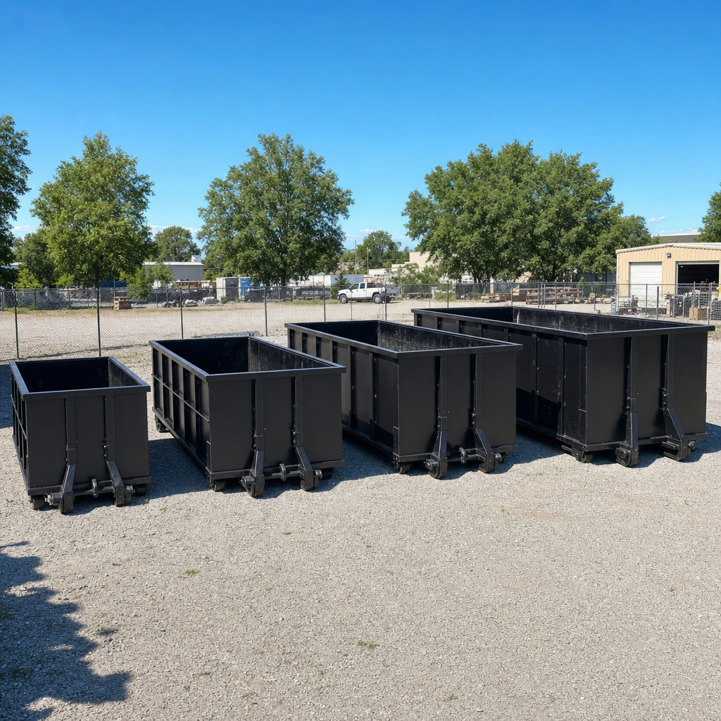 A clean lineup of matte-black roll-off dumpsters in 10, 20, 30, and 40-yard sizes staged on a sunlit gravel yard in Ontario, showing the size progression from compact to commercial-scale containers.