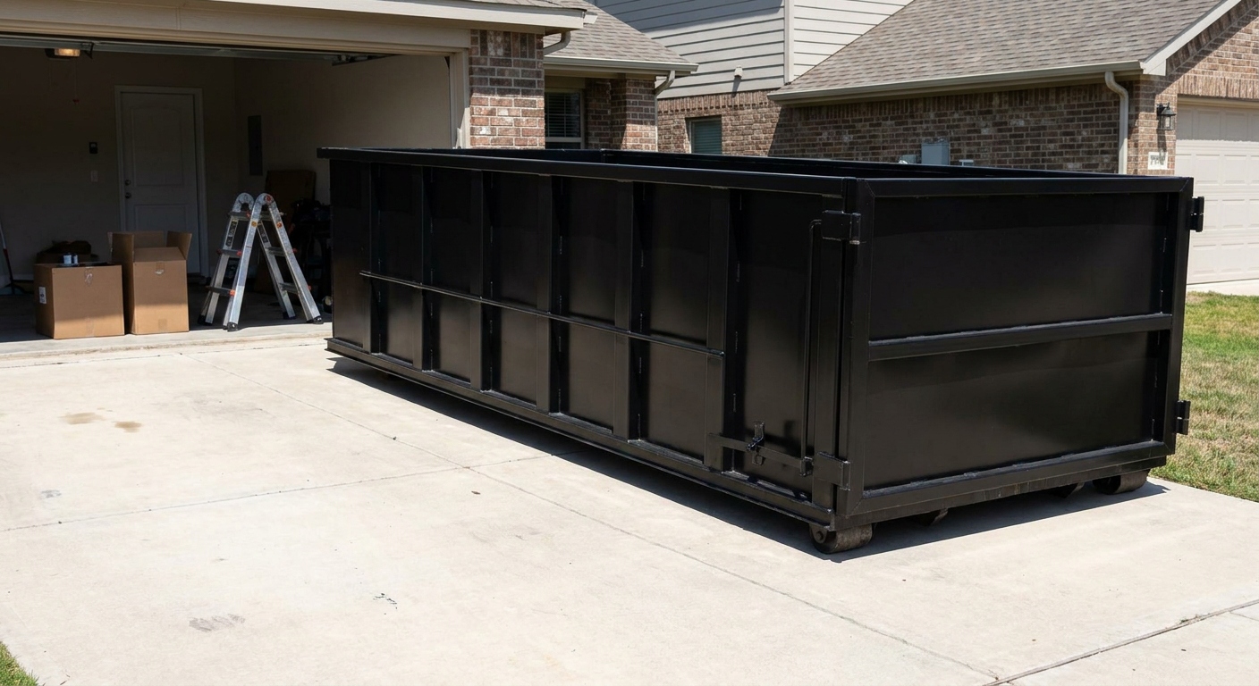 A matte-black 10-yard roll-off dumpster sitting directly on a residential Ontario concrete driveway, mid-day sunlight, clean and ready for a garage cleanout.
