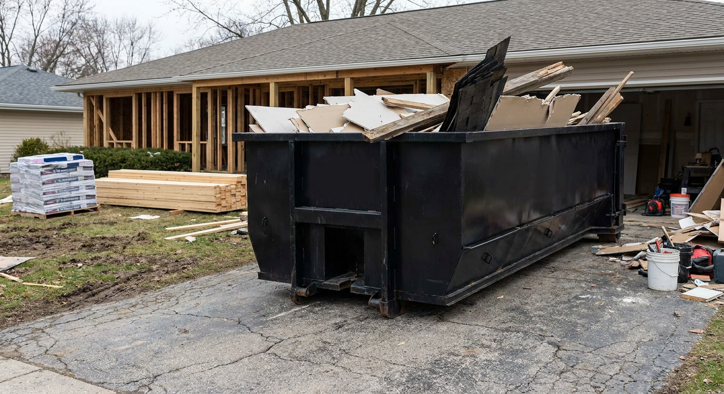 A matte-black 20-yard roll-off dumpster placed alongside a mid-renovation Ontario home directly on the asphalt driveway, with framing materials and torn-off shingles staged neatly nearby.