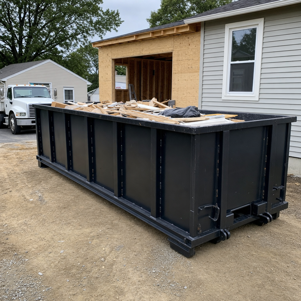 A matte-black 30-yard roll-off dumpster positioned at a Ontario residential addition jobsite, with framing lumber and drywall scraps loaded through the open swinging rear doors.