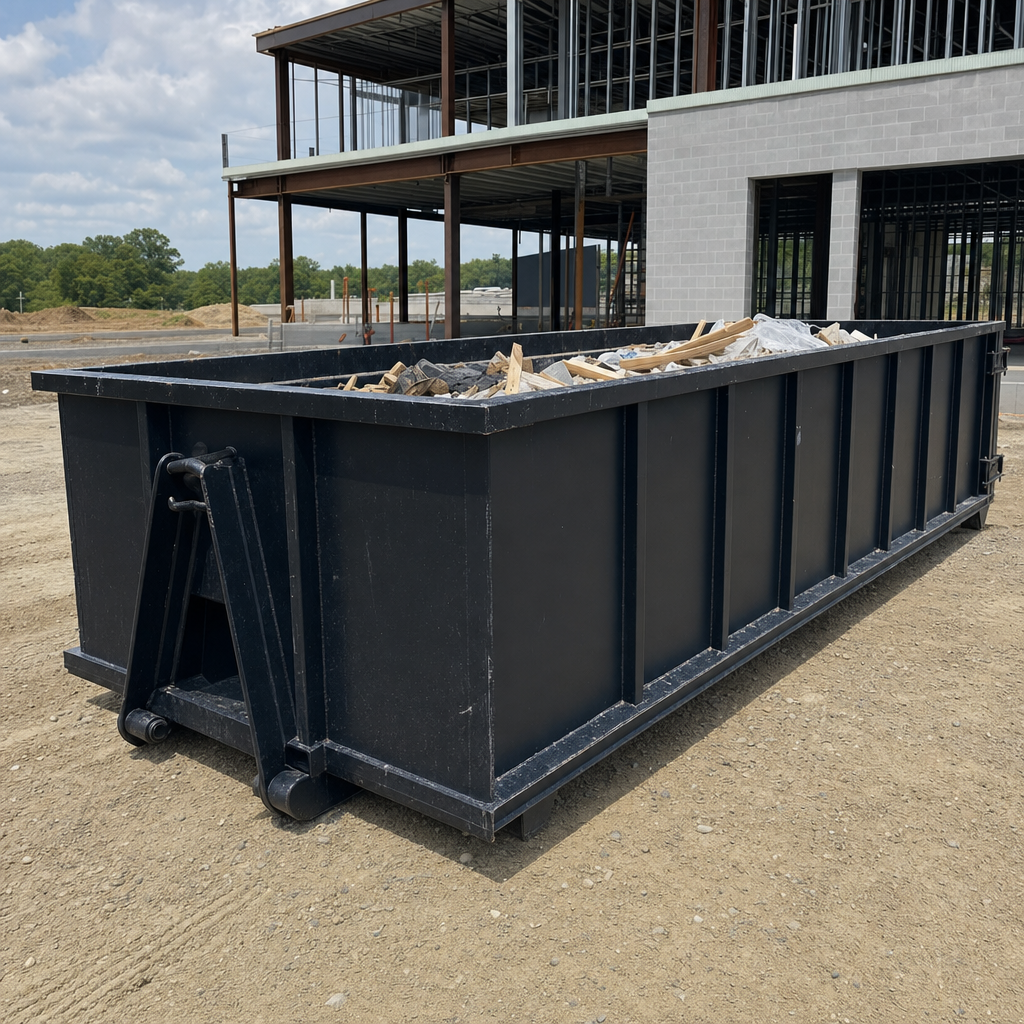 A matte-black 40-yard roll-off dumpster staged on a large Ontario commercial construction lot, with a hooklift delivery truck parked alongside under bright midday sky.