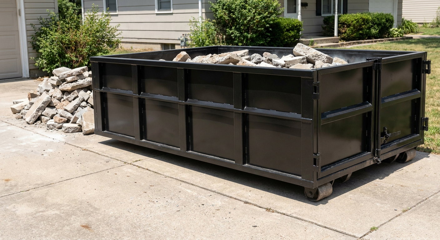 A matte-black low-side heavy-debris roll-off dumpster placed directly on a Ontario concrete driveway, with broken concrete chunks neatly stacked beside it under clean daylight.